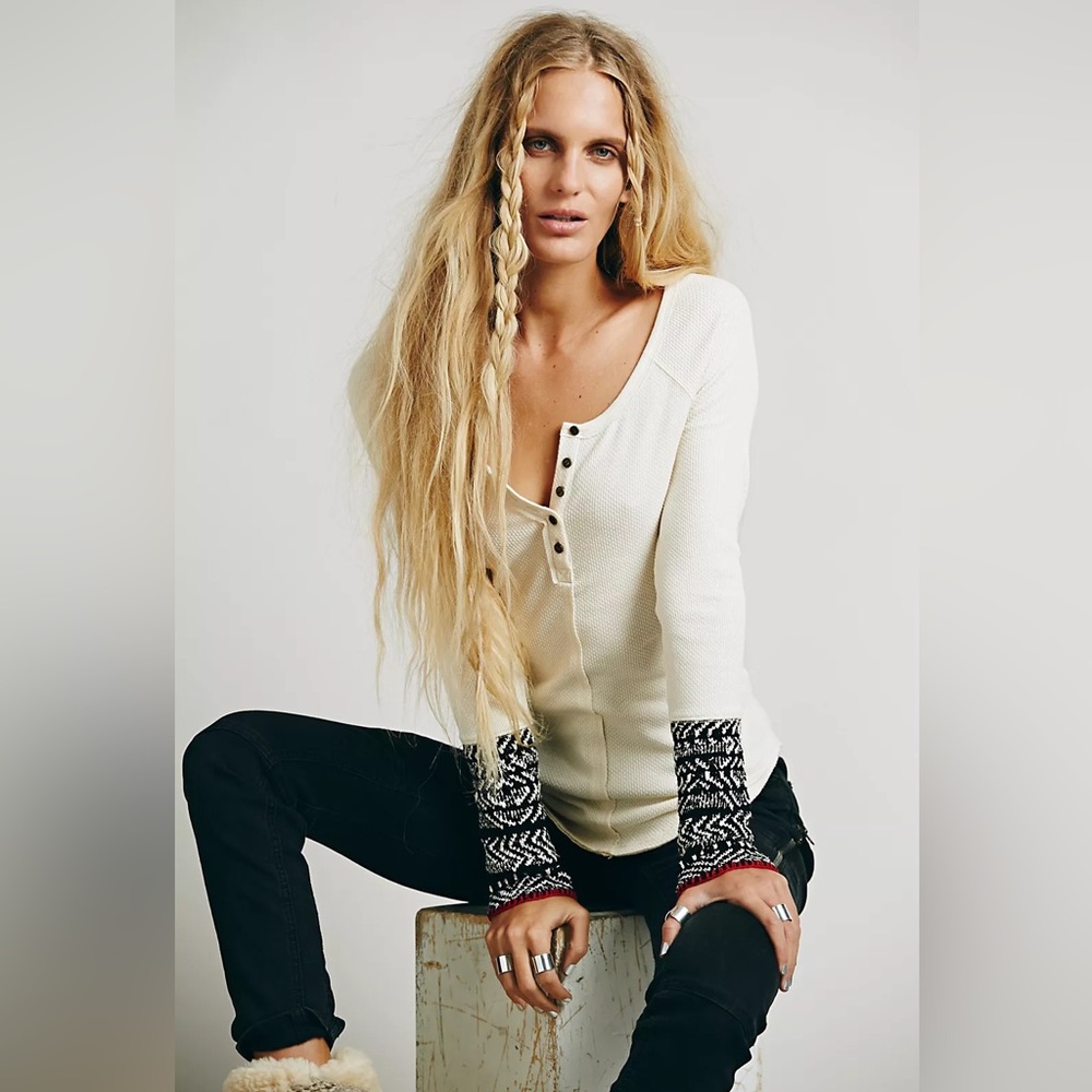 Free People Cream Long Sleeve Henley with Patterned Cuffs